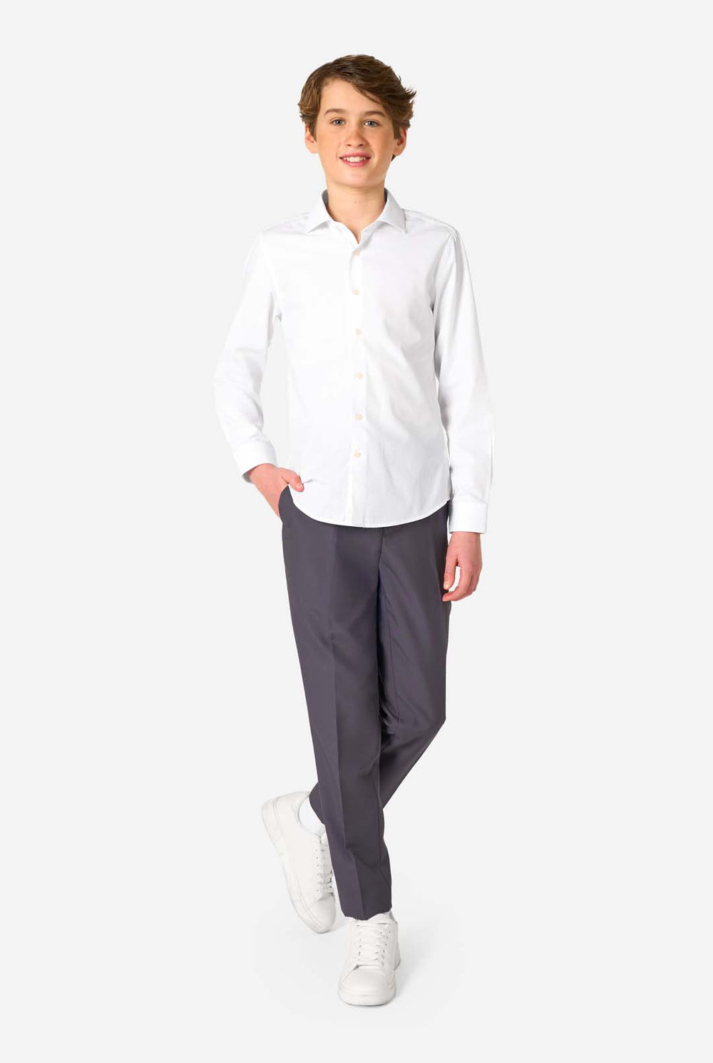 Clean & Crisp: White Shirt with Charcoal Trousers Clean & Crisp: White Shirt with Charcoal Trousers — Boys Outfits