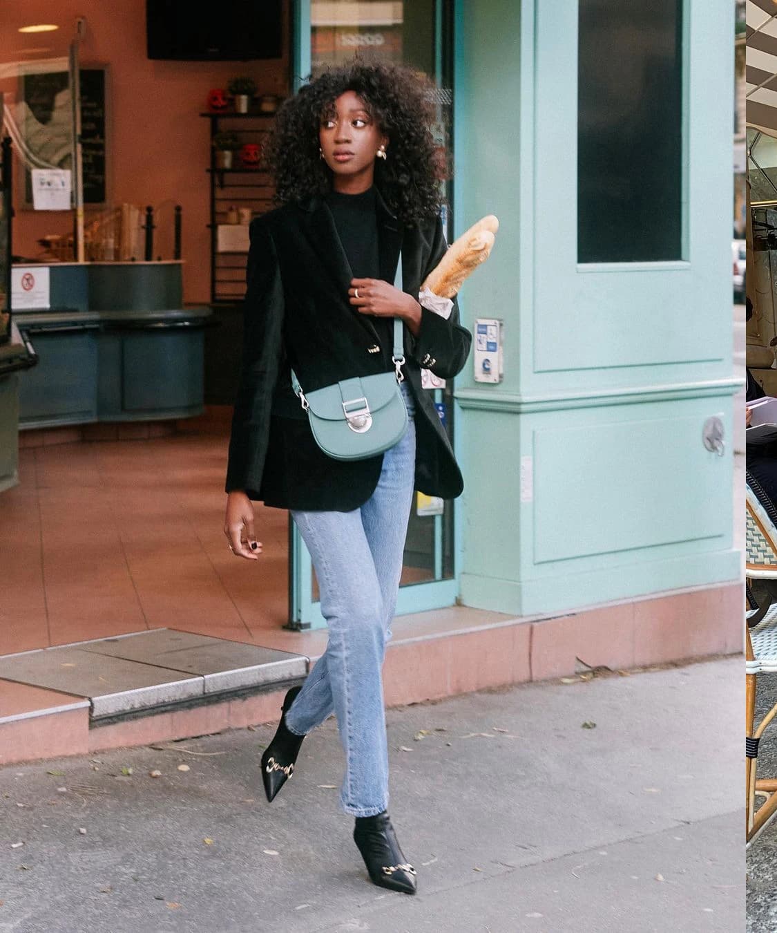 Chic Evening: Light Wash Jeans with Velvet Blazer and Teal Bag — Straight Leg Jeans
