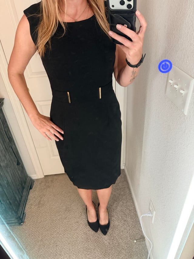Fitted Black Dress with Gold Waist Accent for an Interview Fitted Black Dress with Gold Waist Accent for an Interview — Interview Dresses