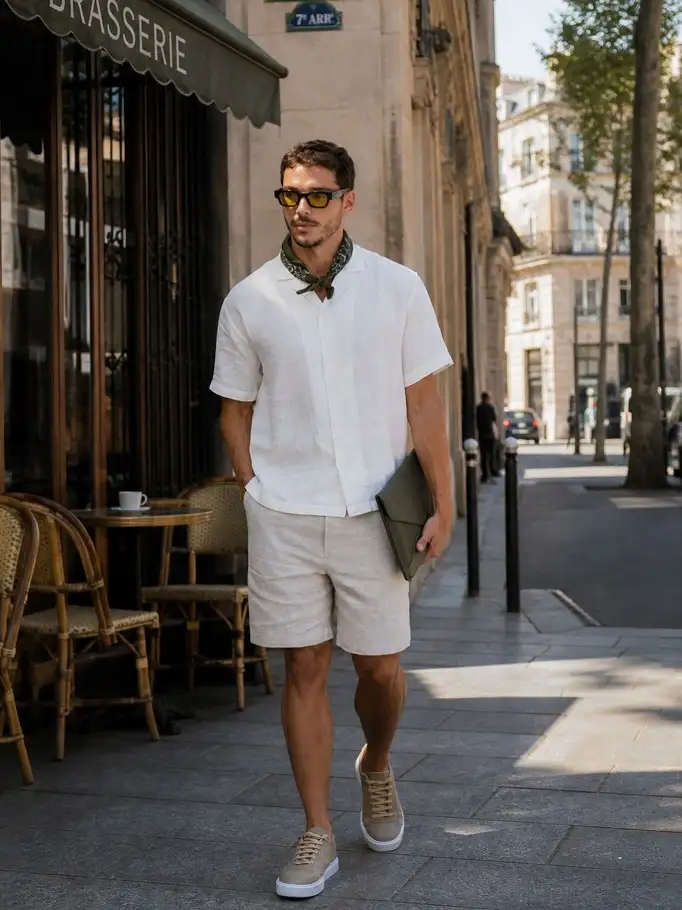 White Linen Shirt and Beige Trousers for Evening Vacation Ambiance White Linen Shirt and Beige Trousers for Evening Vacation Ambiance — Mens Vacation Outfits