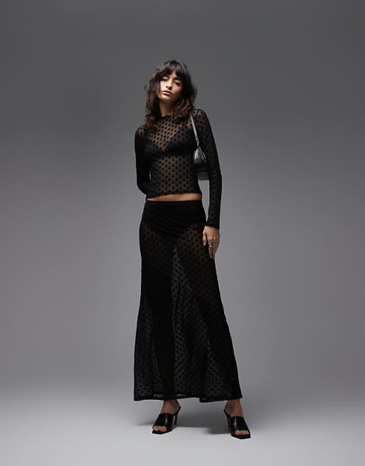 Flocked Polka Dot Mesh Set with Maxi Skirt — Mesh Top Outfits