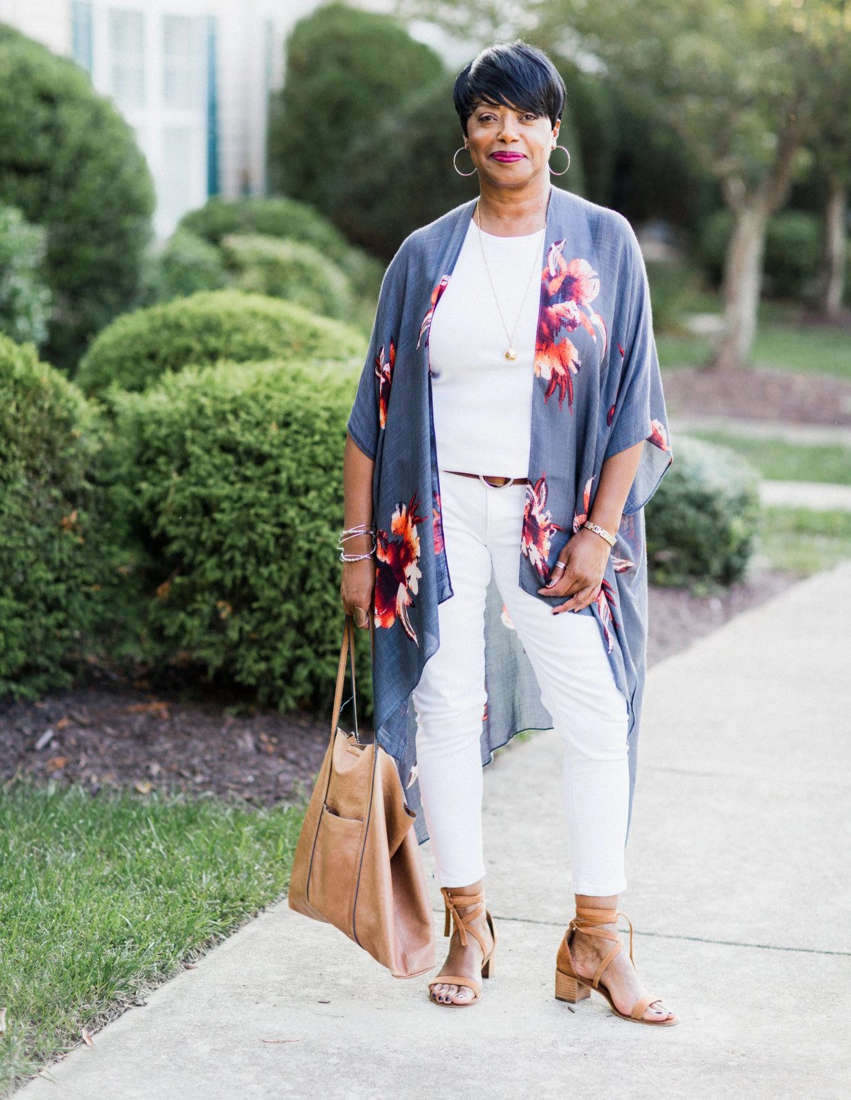 Sheer Floral Kimono with White Trousers — Kimonos