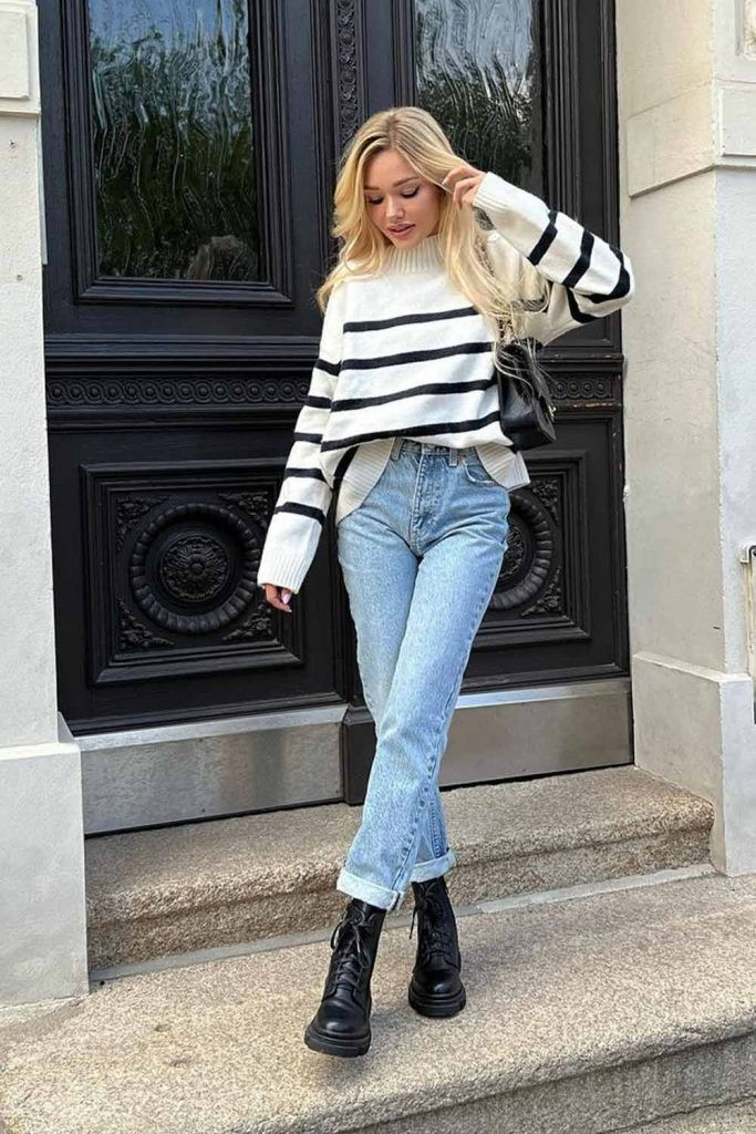 Striped Sweater with Straight-Leg Jeans and Combat Boots — Dressy Casual Outfits