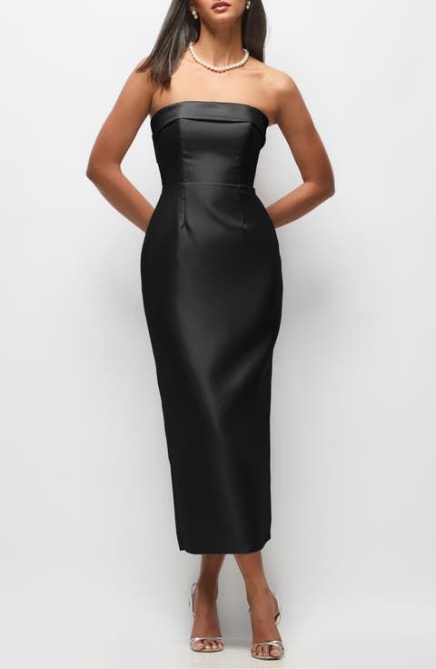 Black Strapless Satin Midi Dress with Pencil Silhouette — Party Dresses