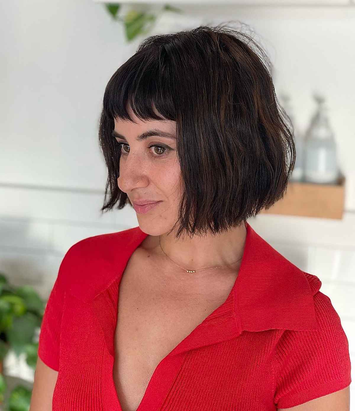 Dark Brown Bob With Blunt Side Bangs Dark Brown Bob With Blunt Side Bangs — Short Hair with Bangs
