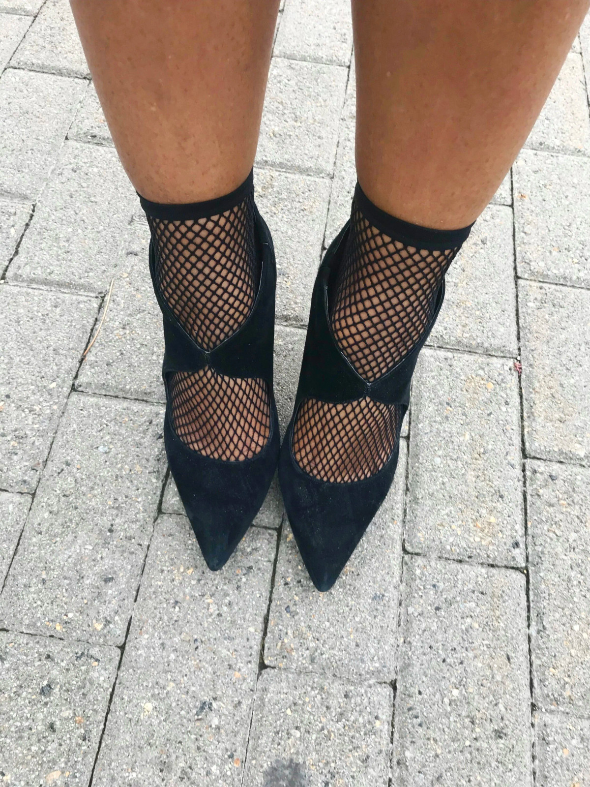 Black Fishnet Socks with Suede Pointed-Toe Heels Black Fishnet Socks with Suede Pointed-Toe Heels — Socks with Heels Outfits