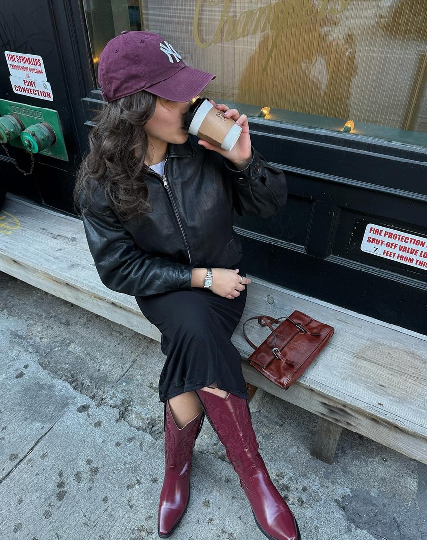 Burgundy Cowboy Boots with Slip Dress and Bomber Jacket — Cowboy Boots Outfits