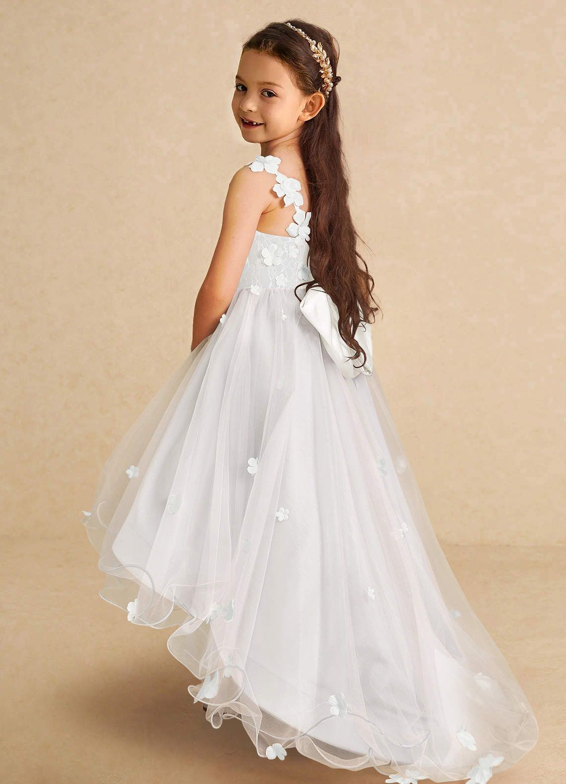 Ivory Tulle Dress with Asymmetrical Hem and Floral Appliques Ivory Tulle Dress with Asymmetrical Hem and Floral Appliques — Little Girl Dresses