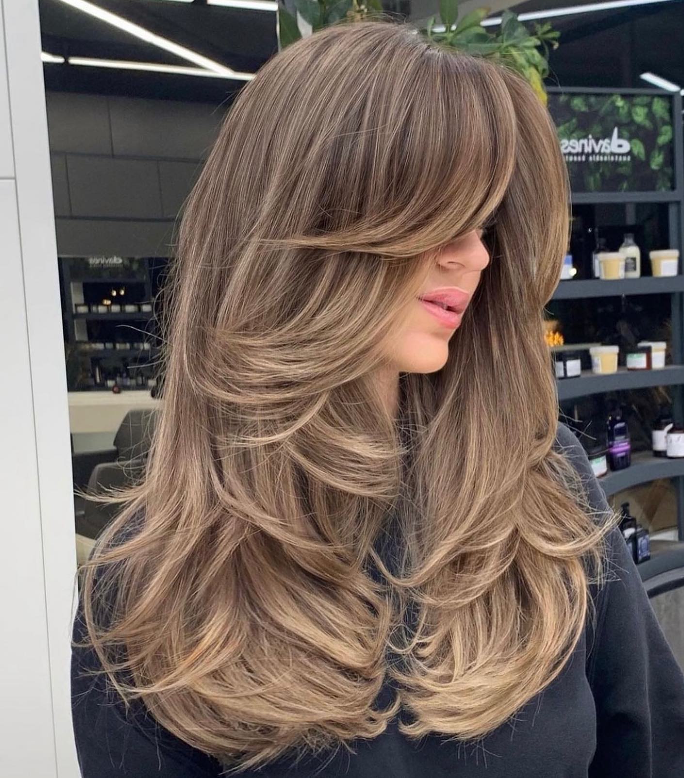 Long Ash Brown Balayage With Voluminous Waves — Layered Hair