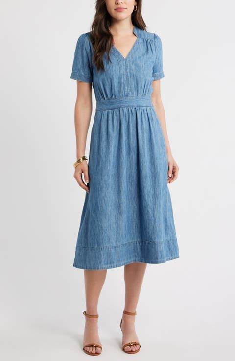 Blue Denim Midi Dress with Cinched Waist and Flared Skirt Blue Denim Midi Dress with Cinched Waist and Flared Skirt — Casual Dresses