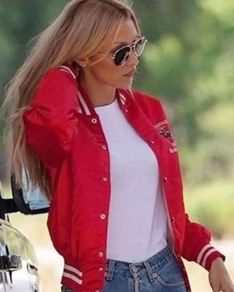 Shiny Satin Varsity Jacket with Denim Shiny Satin Varsity Jacket with Denim — Varsity Jacket Outfits
