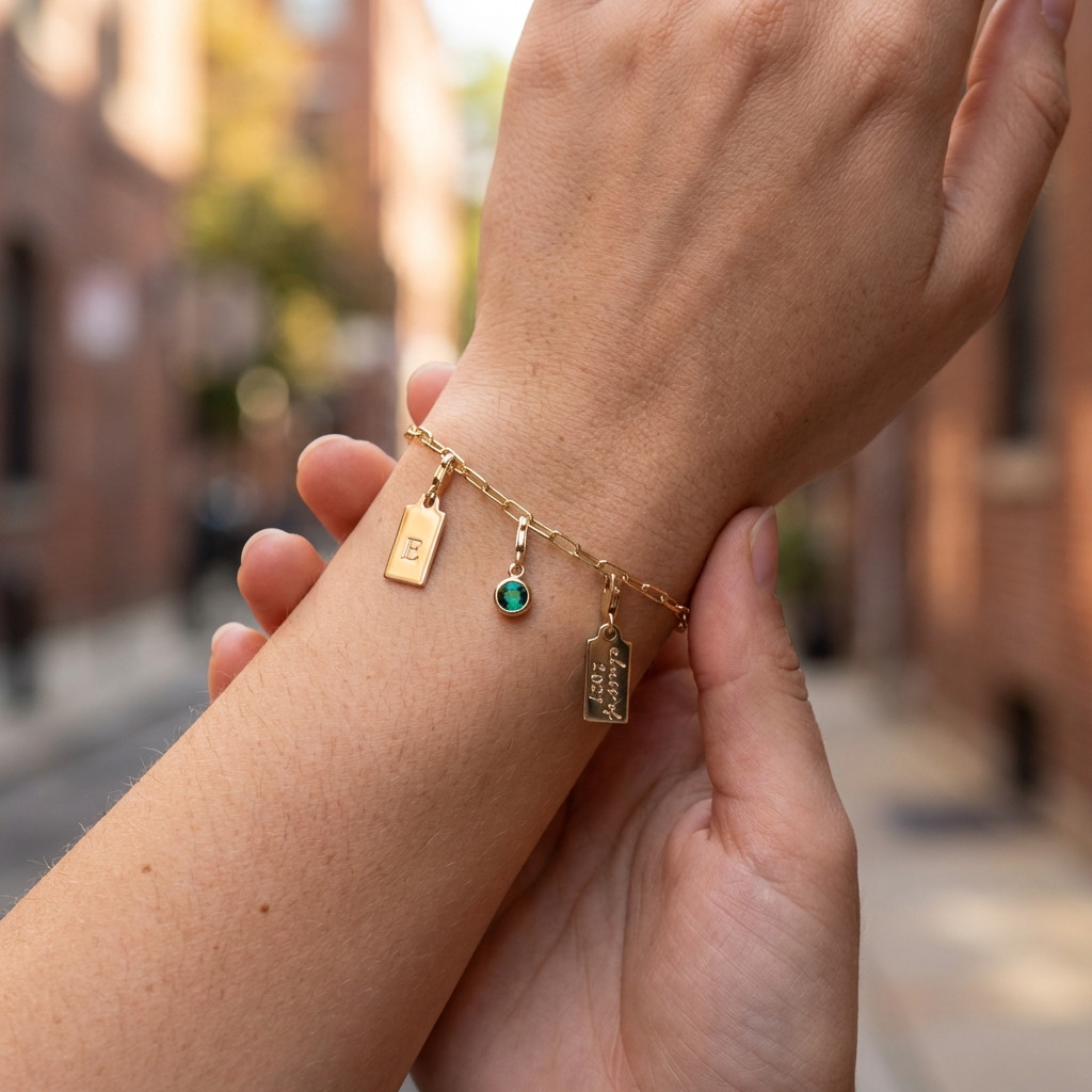 Emerald Charm and Initial Accent on a Paperclip Bracelet Emerald Charm and Initial Accent on a Paperclip Bracelet — Charm Bracelets