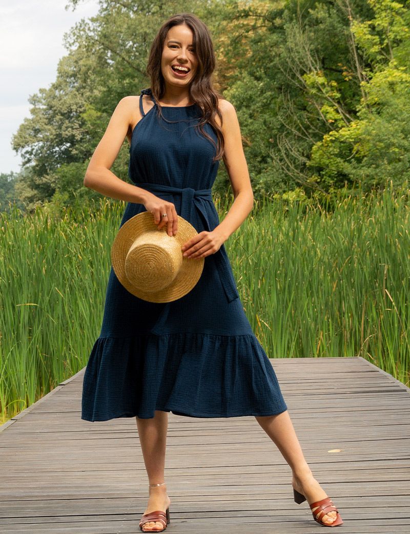 Navy Blue Tiered Muslin Dress with Tie Belt for Summer — Knee Length Dresses