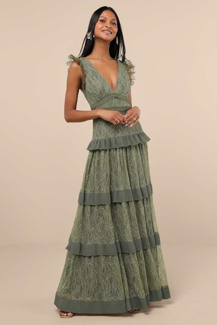 Olive Green Lace Tiered Maxi Dress for Formal Events — Tiered Dresses
