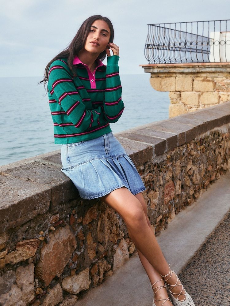 Pleated Denim Mini Skirt in Resort Style Pleated Denim Mini Skirt in Resort Style — Mini Skirts