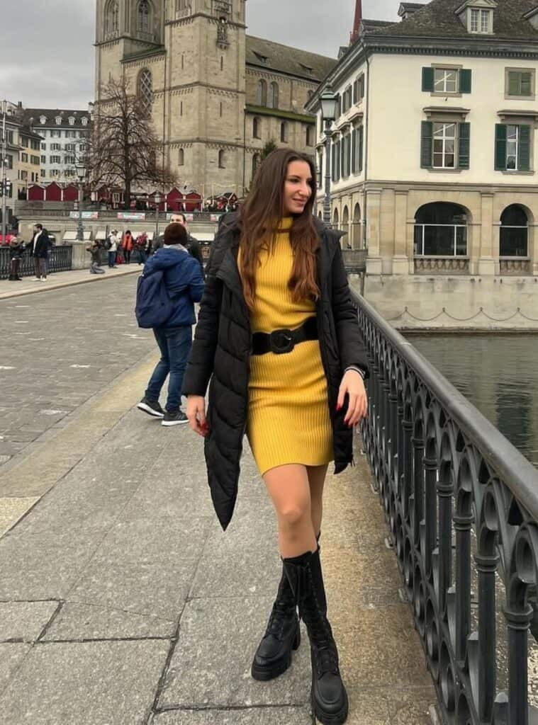 Vibrant Yellow Knit Dress with Black Puffer Coat Vibrant Yellow Knit Dress with Black Puffer Coat — Switzerland Outfits