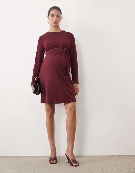 Burgundy Twist-Front Maternity Mini Dress Burgundy Twist-Front Maternity Mini Dress — Maternity Dresses