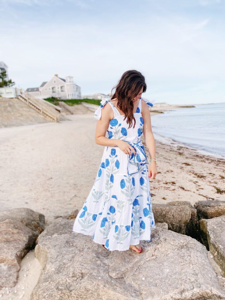 Blue Floral Maxi Dress with Tie Straps by the Sea Blue Floral Maxi Dress with Tie Straps by the Sea — Cape Cod Outfits