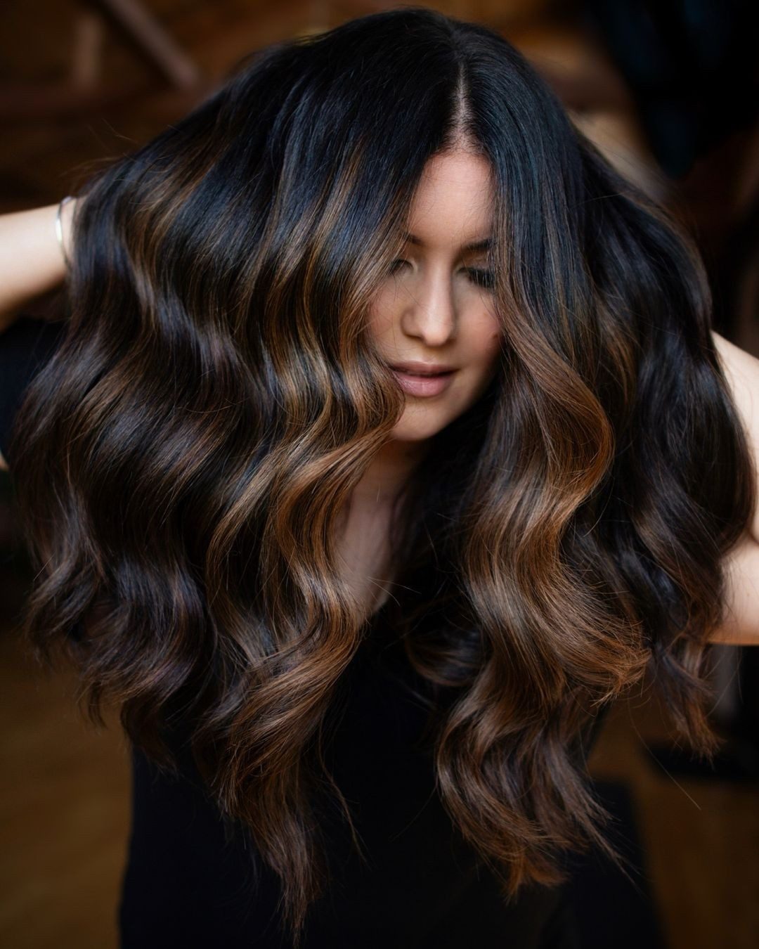 Mid-Back Dark Brown With Warm Auburn Balayage Mid-Back Dark Brown With Warm Auburn Balayage