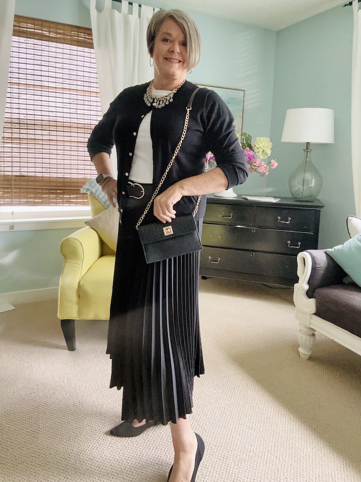 Elegant Evening: Black Pleated Midi Skirt with Layered Top and Heels — Pleated Skirt Outfits