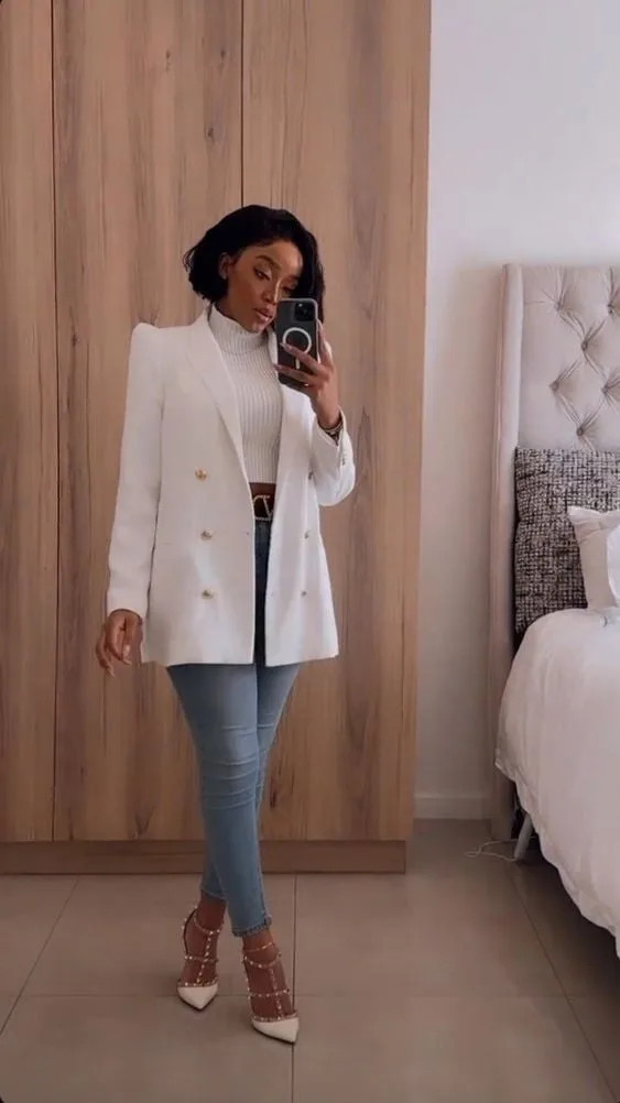 Chic Smart Casual: White Studded Heels with Blazer and Skinny Jeans Chic Smart Casual: White Studded Heels with Blazer and Skinny Jeans — Heels Outfits