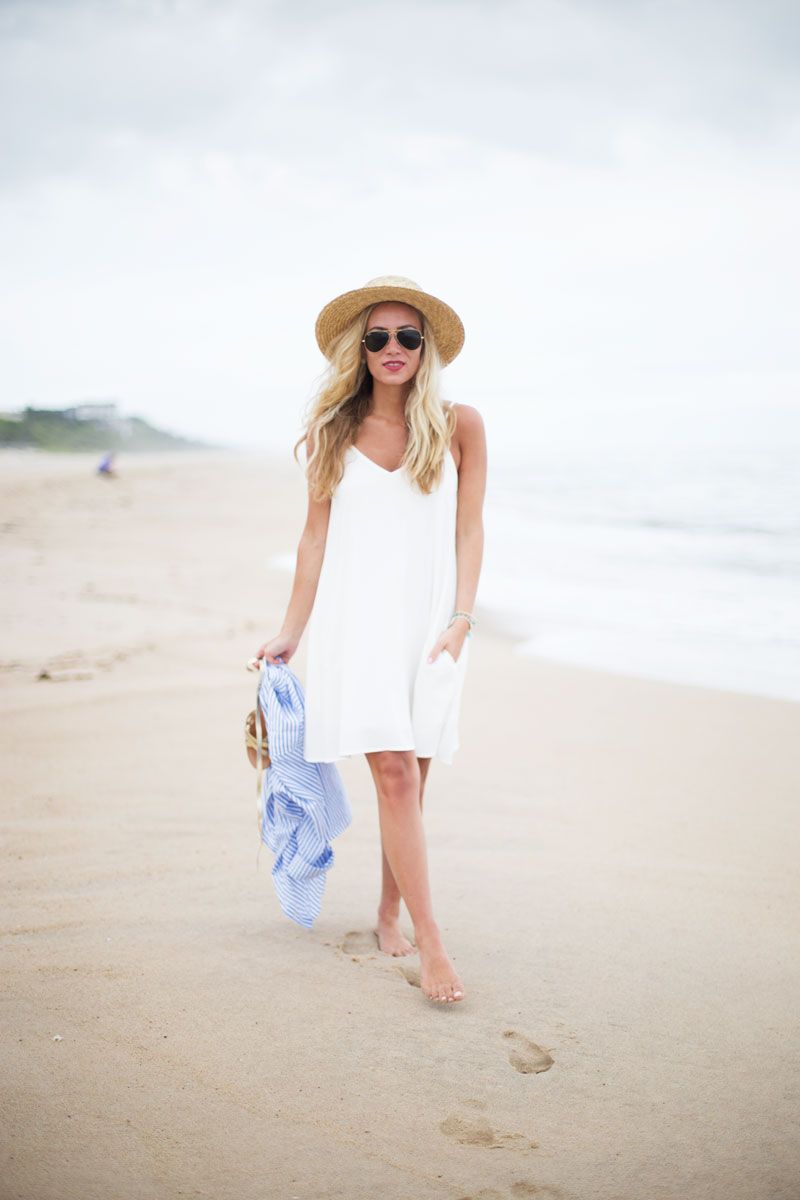 White Slip Dress with Striped Shirt for Beach Days — Hamptons Outfits