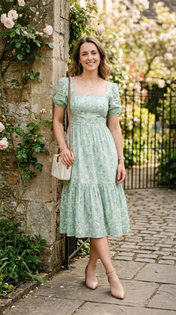 Mint Green Floral Midi Dress with Square Neck and Nude Pumps — Midi Dress Outfits