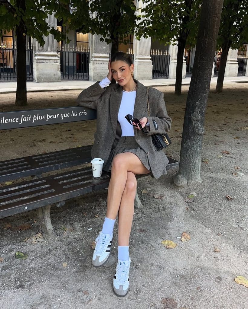Matching Set: Grey Blazer and Mini Skirt with White Adidas Samba Matching Set: Grey Blazer and Mini Skirt with White Adidas Samba — Adidas Samba Outfits