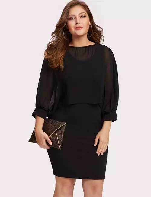 Black Sheath Dress with Sheer Chiffon Overlay and Blouson Sleeves Black Sheath Dress with Sheer Chiffon Overlay and Blouson Sleeves — Semi Formal Outfits