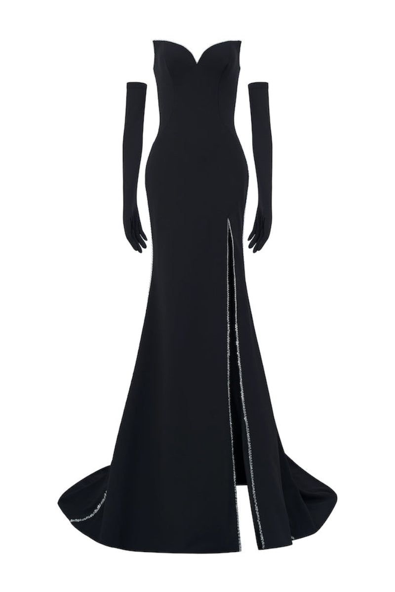 Black Off-Shoulder Mermaid Gown with High Slit and Embellished Trim Black Off-Shoulder Mermaid Gown with High Slit and Embellished Trim — Mermaid Dresses