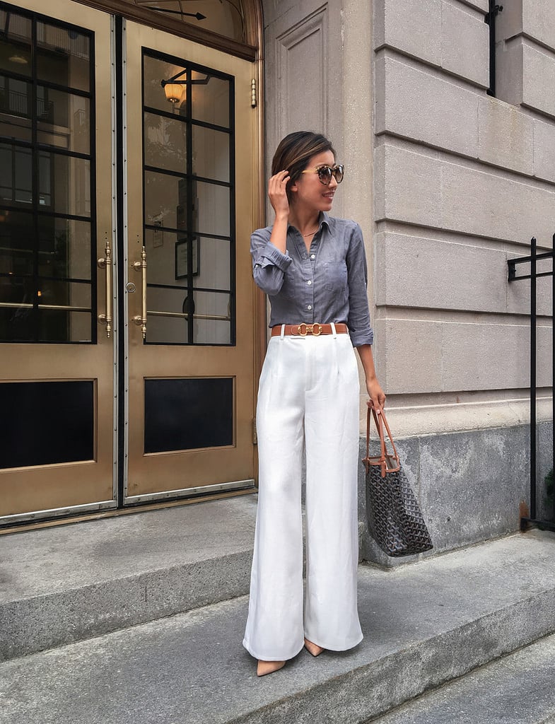 Chic White Linen with a Grey Button-Down — Wide Leg Pants