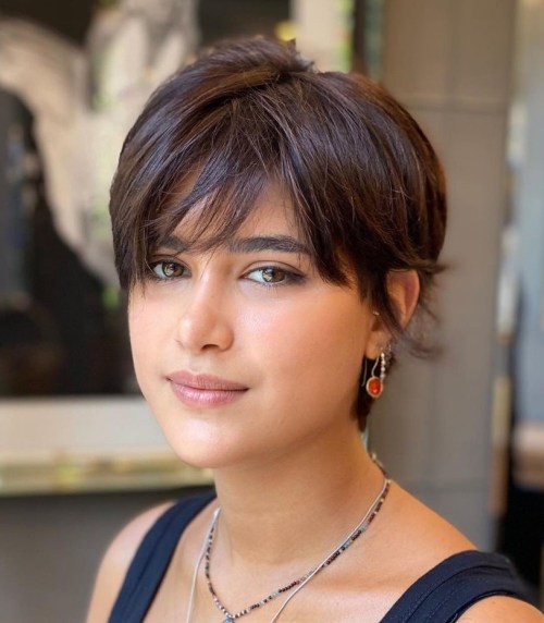 Dark Brown Pixie With Side-Swept Fringe Dark Brown Pixie With Side-Swept Fringe — Short Hair with Bangs