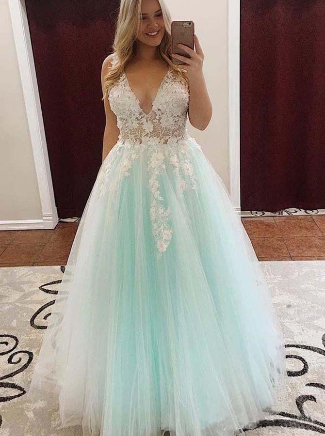 Mint Green and White V-Neck Ball Gown with Lace Bodice — Sweet 16 Dresses