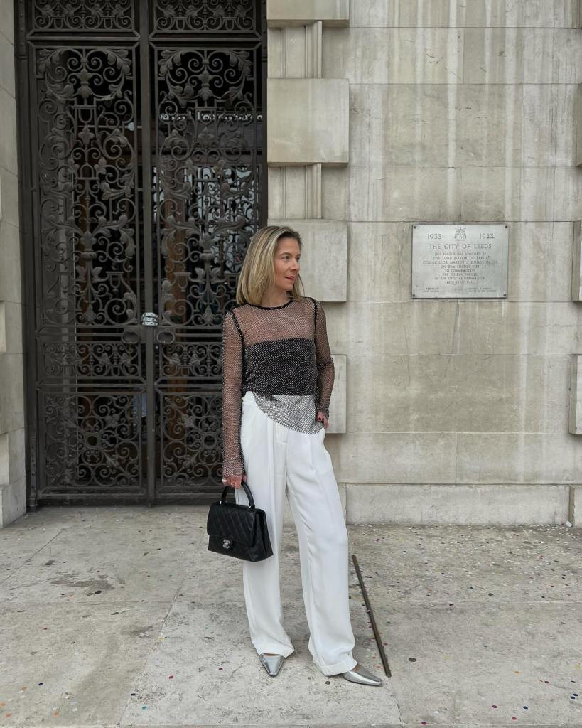 Silver Embellished Mesh Top with White Trousers — Mesh Top Outfits