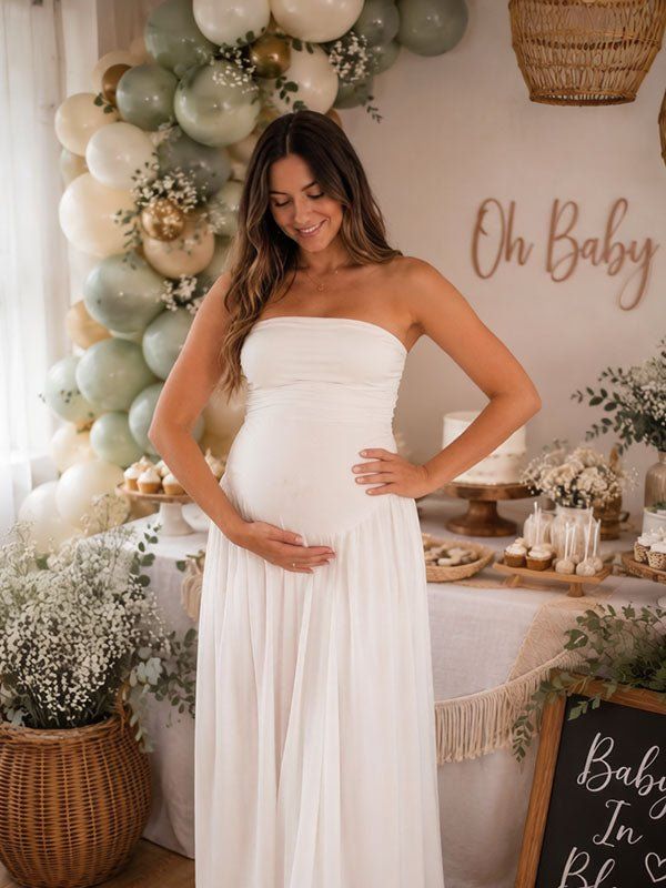Ivory Strapless Maxi Dress with Ruched Bodice for a Timeless Baby Shower Ivory Strapless Maxi Dress with Ruched Bodice for a Timeless Baby Shower — Baby Shower Dresses