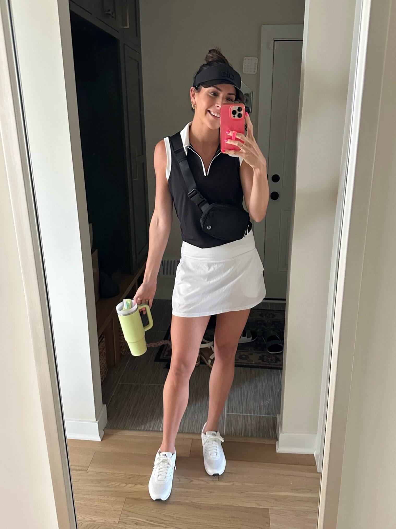 Black Sleeveless Top and White Skirt with Belt Bag — Golf Tournament Outfits