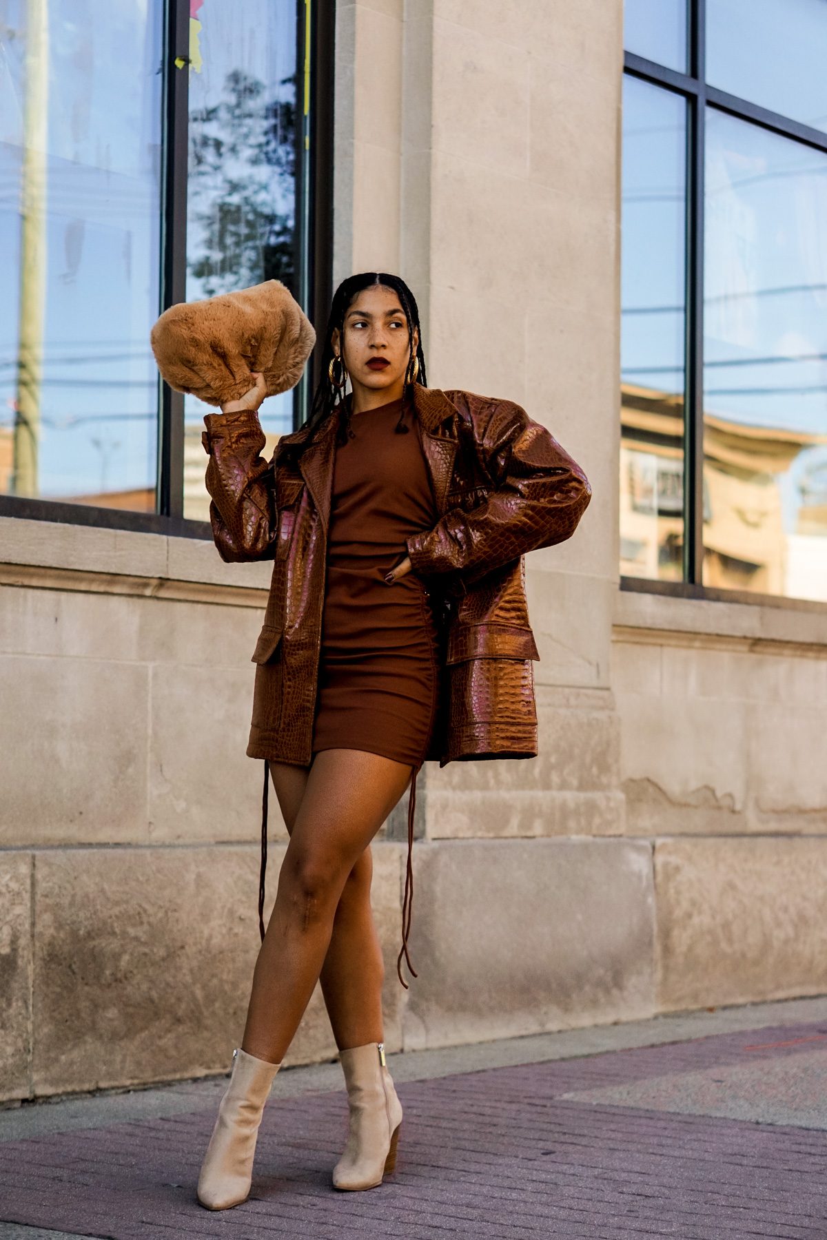 Glamorous Brown Croc-Effect Blazer Over Mini Dress for Night Out — Brown Outfits