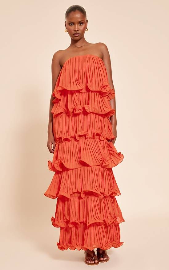 Evening Formal Dramatic Orange Strapless Tiered Maxi Dress for Evening — Tiered Dresses