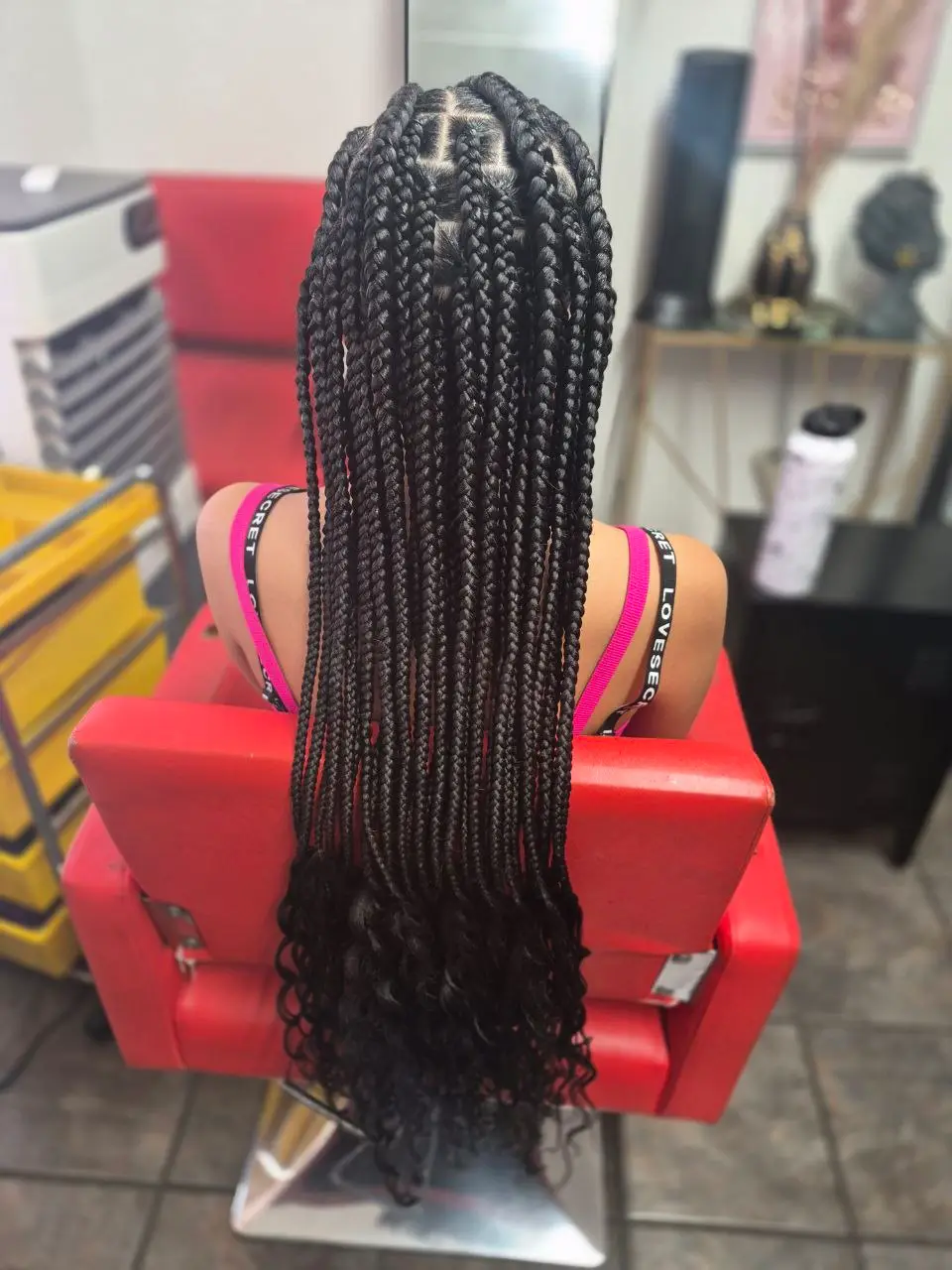 Long Black Box Braids with Flowing Curls Long Black Box Braids with Flowing Curls — French Curl Braids