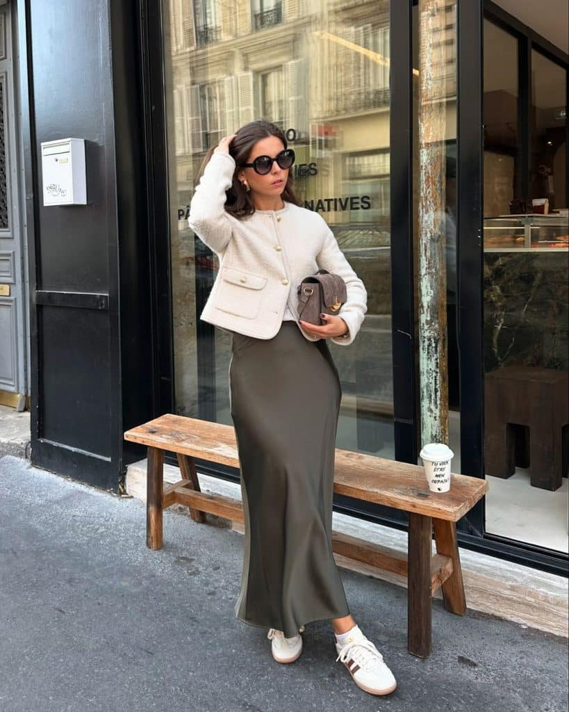 Olive Green Satin Maxi Skirt with Textured Jacket for Casual Daywear Olive Green Satin Maxi Skirt with Textured Jacket for Casual Daywear — Satin Skirts
