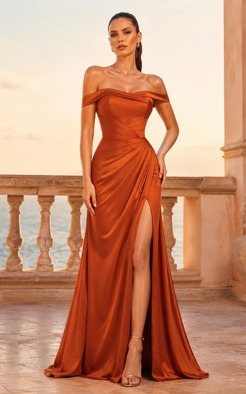 Burnt Orange Satin Off-the-Shoulder Gown with Draped Bodice Burnt Orange Satin Off-the-Shoulder Gown with Draped Bodice — Sorority Formal Dresses