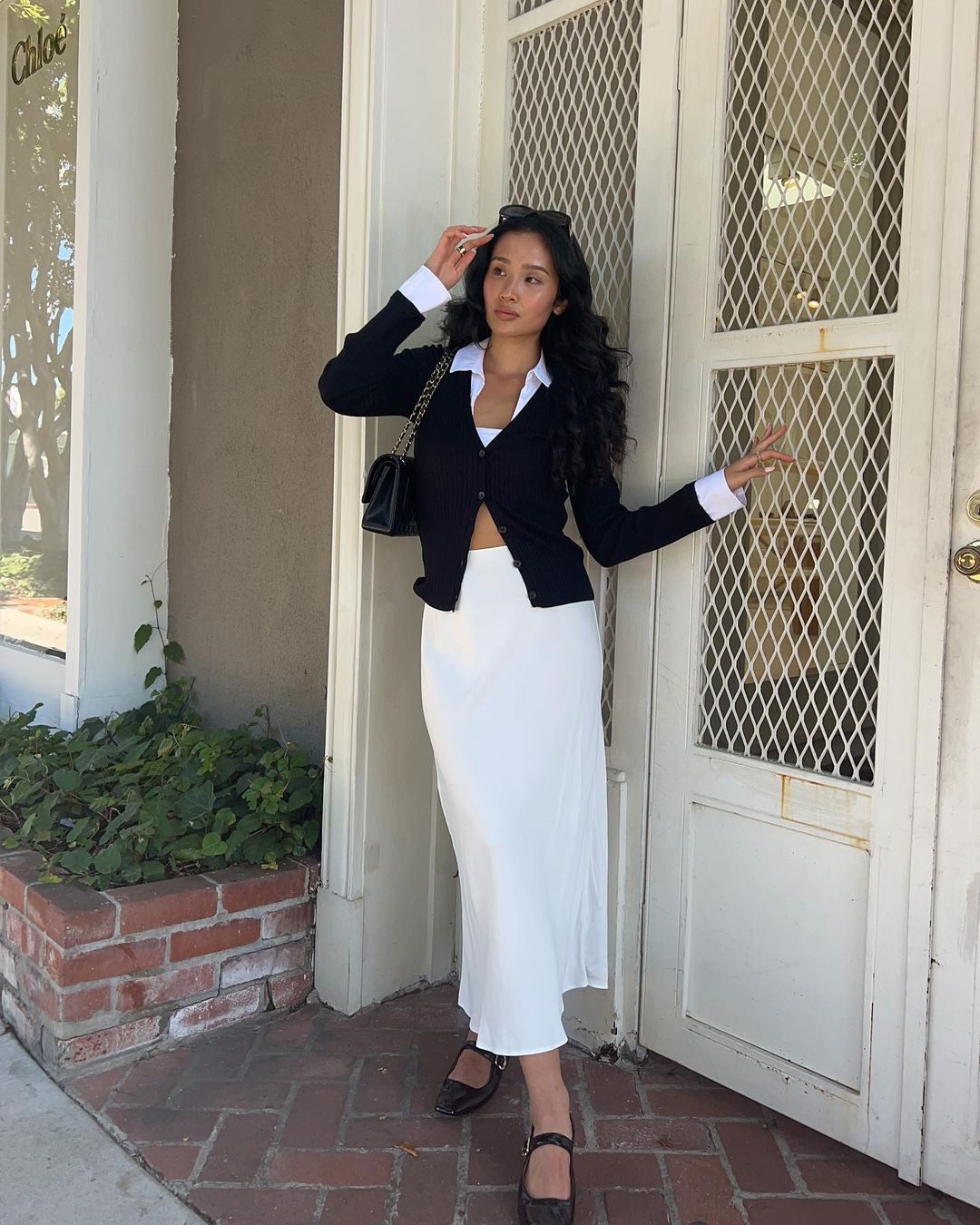 White Satin Midi Skirt with Cardigan for Smart Casual — Skirt Outfits