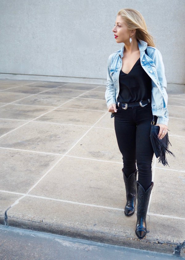 Fringe Bag and Double Western Belt Complete a Black and Denim Look — Western Belt Outfits