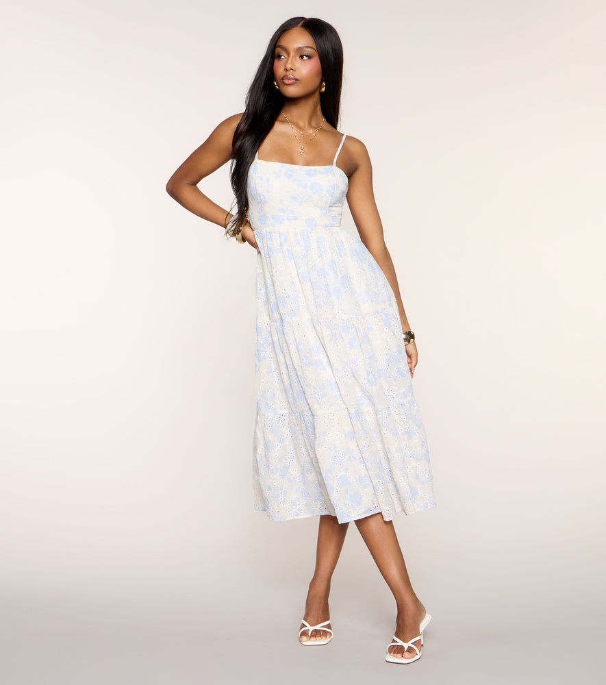 Eyelet Midi Dress with Blue Floral Print — Cruise Dresses