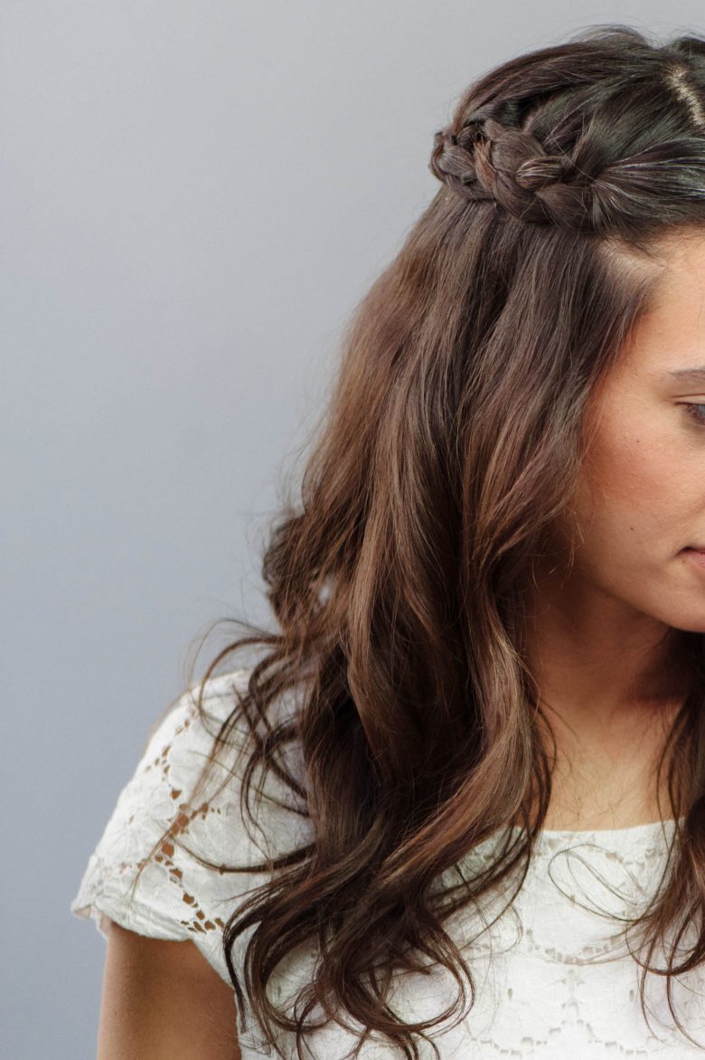 Dark Brown Front View Braided Crown — Braided Half Up Half Down