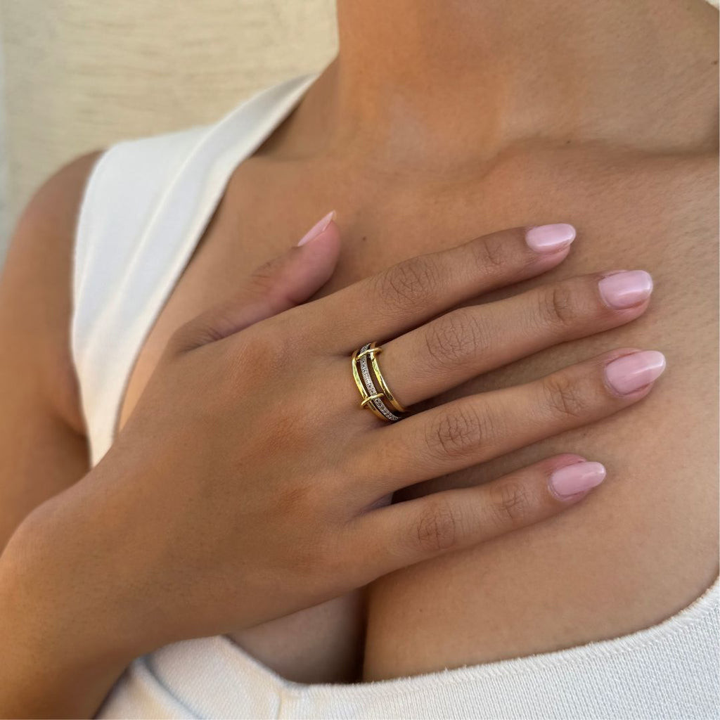 Interlocking Gold and Silver Bands with Clear Stones Interlocking Gold and Silver Bands with Clear Stones — Gold Ring Stack