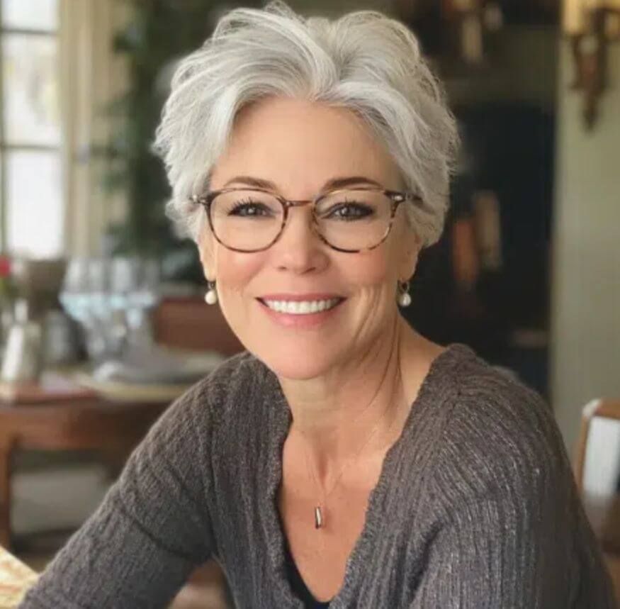 Softly Styled Silver-Grey Pixie With Wispy Bangs — Hairstyles with Glasses