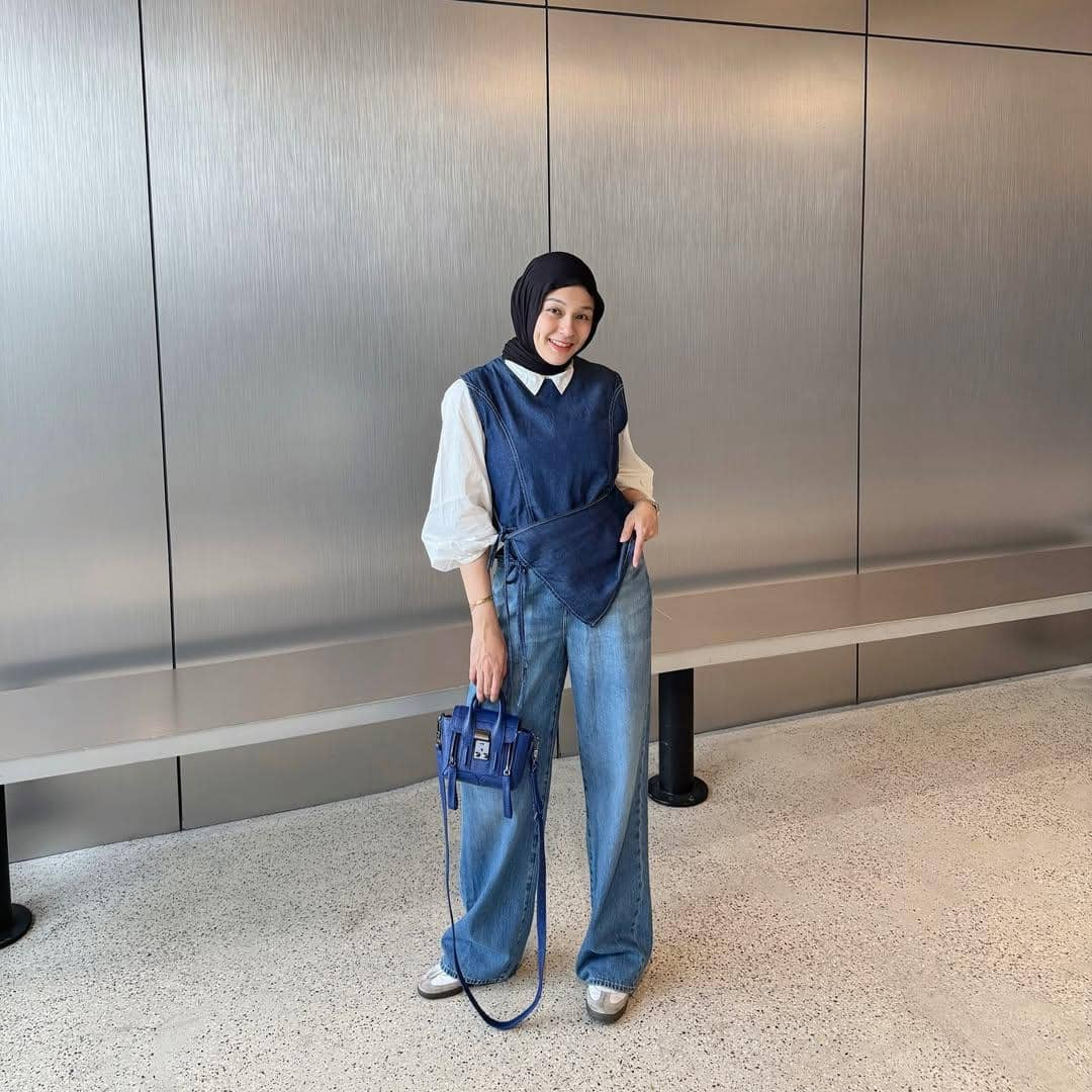 White Long-Sleeve Shirt Denim Vest Outfit Idea — Hijab Outfits