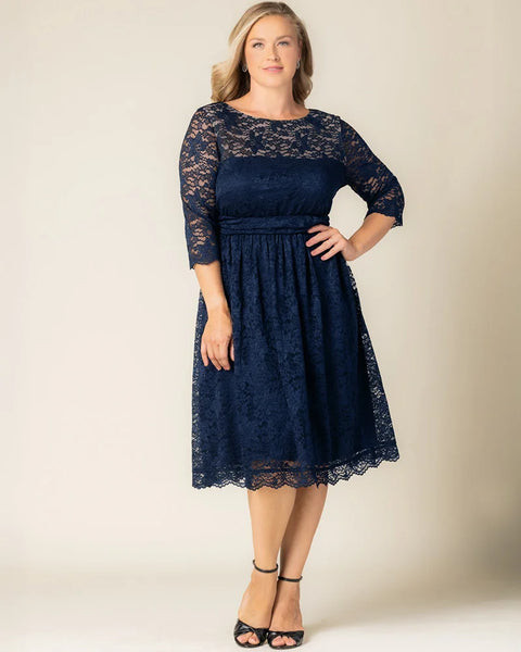Navy Lace Fit-and-Flare Dress with Belted Waist — Dresses for Big Bust