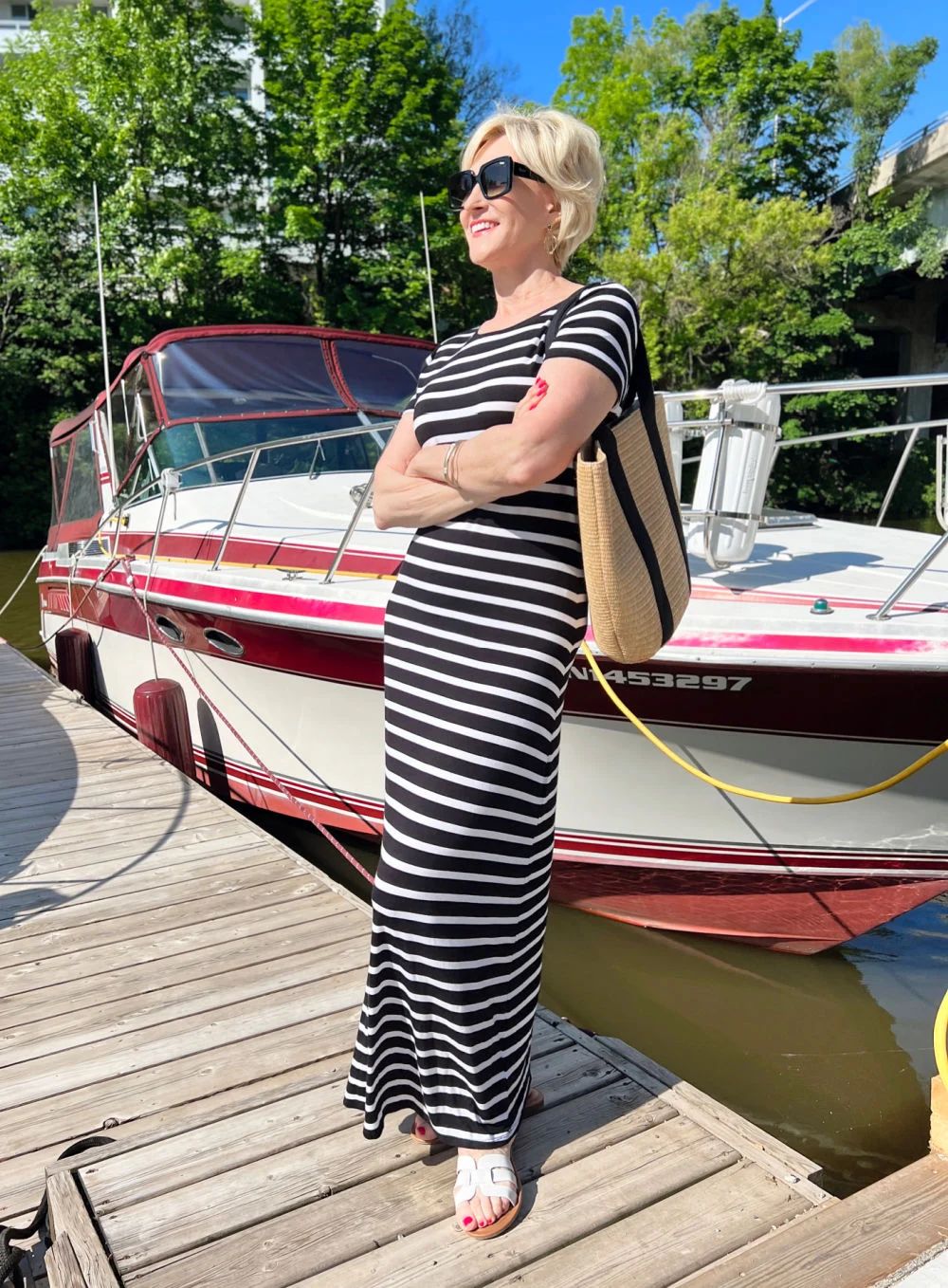 Fitted Striped Maxi Dress for a Chic Boat Occasion Fitted Striped Maxi Dress for a Chic Boat Occasion — Boat Outfits